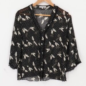 Vintage Claudia Richard Black Sheer Butterfly Print Button Top Fairy Y2K Size PM